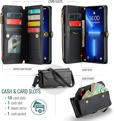 Miniatura 3 de Strapurs Funda cruzada para iPhone 13 Pro Max con bloqueo RFID, con ranura para billetes de 10 tarjetas, correa magnética de piel sintética suave