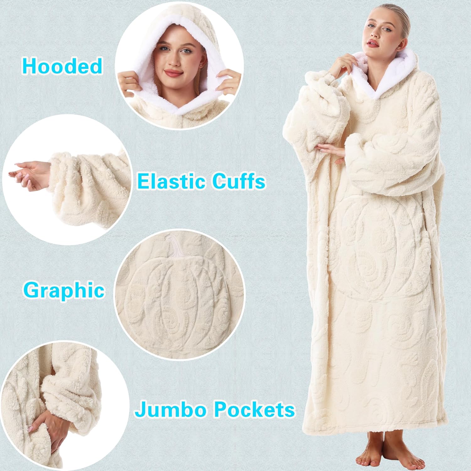 Wearable Blanket Hoodie for Women and Men, Soft Pumpkin Hooded Blanket for Home Lounge - Image 3
