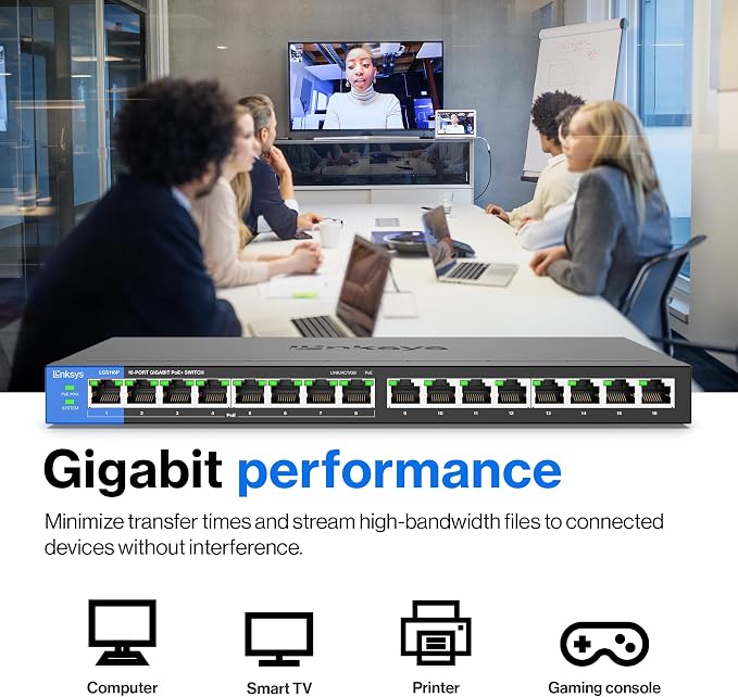 Switch de Red Gigabit Linksys LGS116P 16 Puertos PoE+ miniatura 3