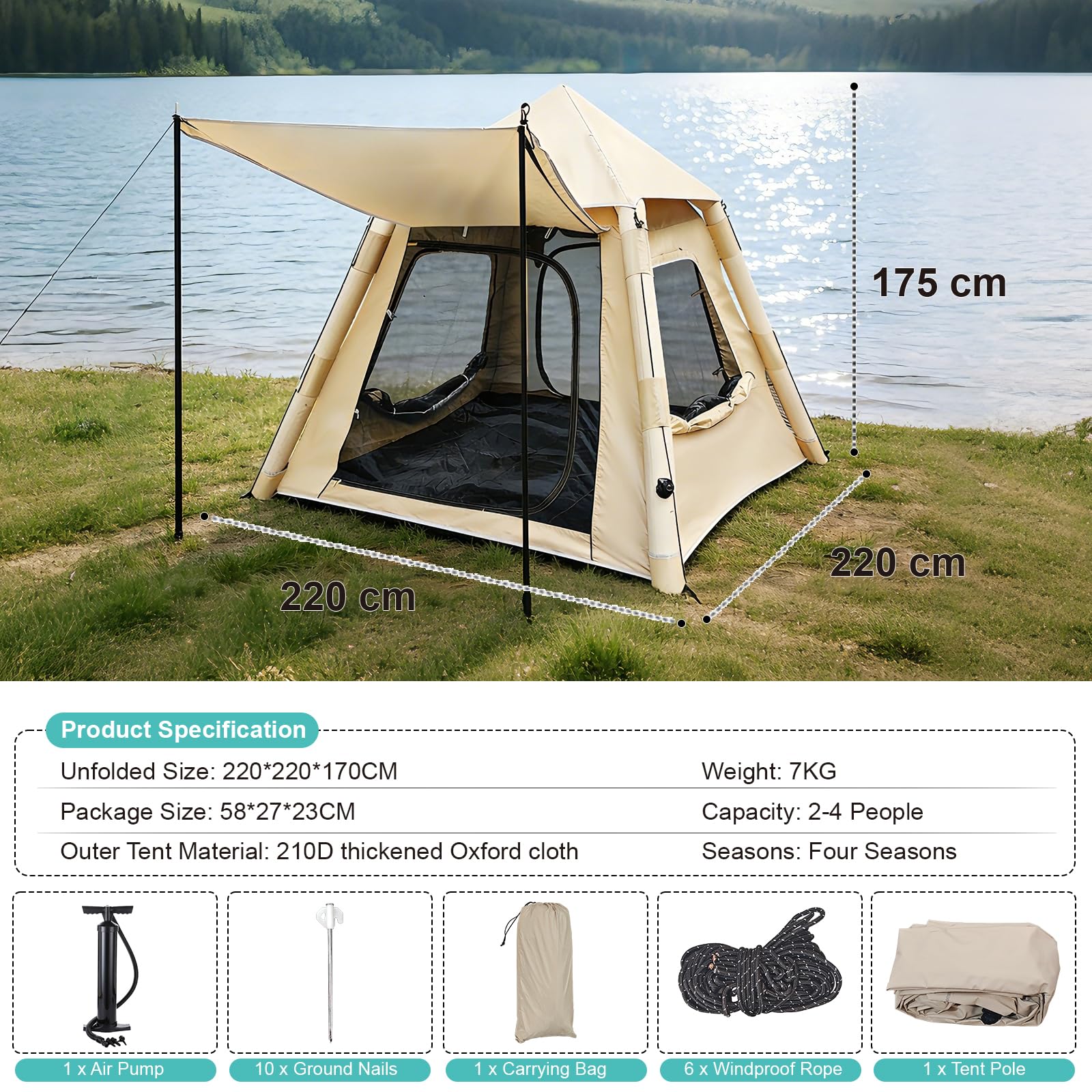 Tenda Gonfiabile da Campeggio 2 Posti 4 Stagioni – Tenda Campeggio Gonfiabile con Pompa, 90 secondi Montaggio Rapido, Impermeabile Antivento, Tenda per Famiglia Festival, Attività all'aperto, Trekking