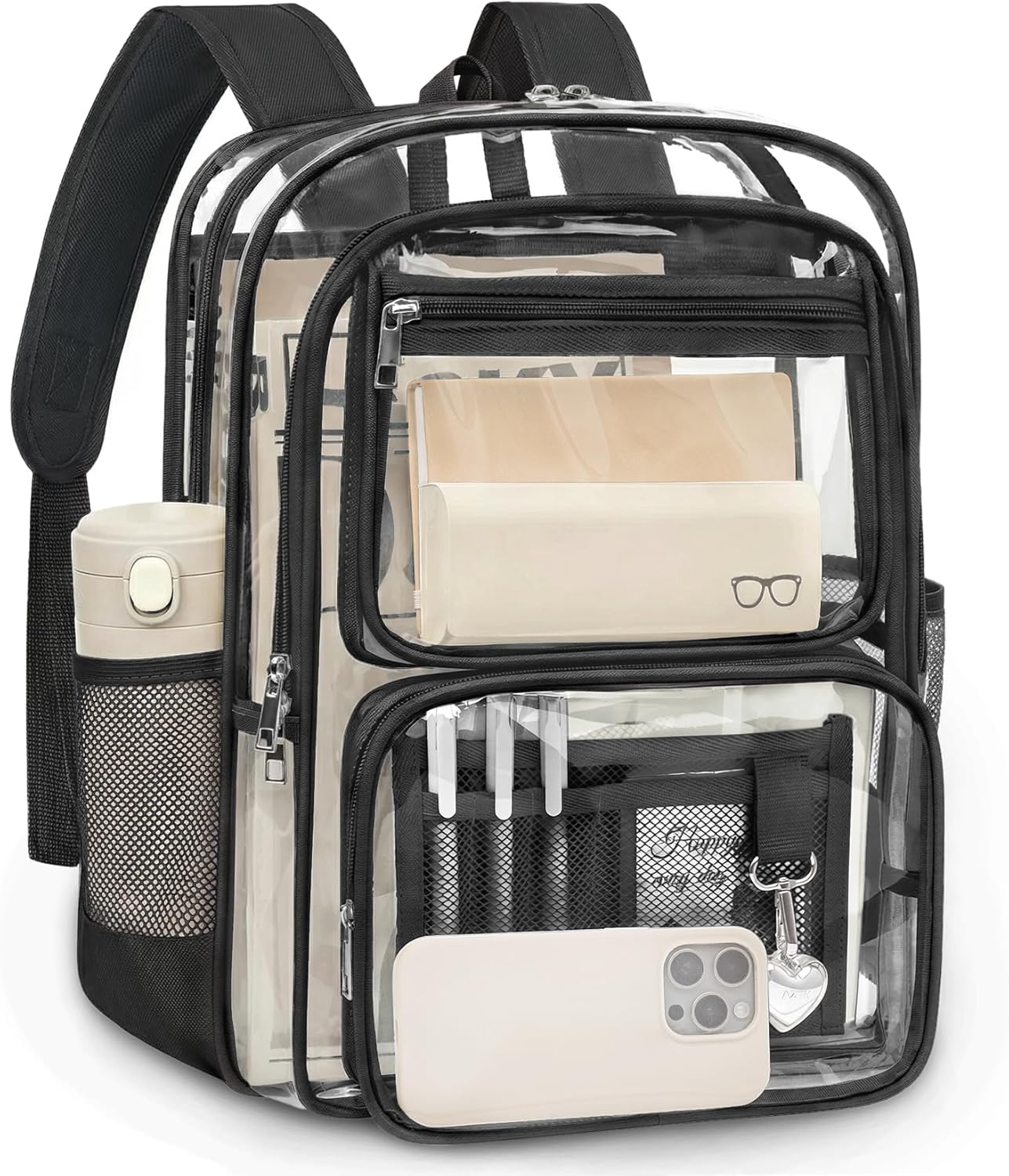 Clear Backpack for School, Large Heavy Duty Clear Bookbag with Luggage Strap & Stitches for Girls Boys, Reinforced See Through PVC Transparent Backpack for Stadium Events College Travel Work Black