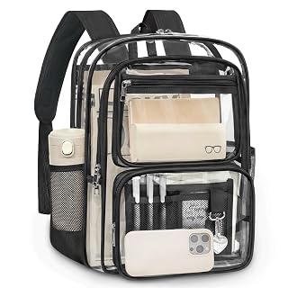 Clear Backpack for School, Large Heavy Duty Clear Bookbag with Luggage Strap & Stitches for Girls Boys, Reinforced See Through PVC Transparent Backpack for Stadium Events College Travel Work Black - Amazon product rated Grade A