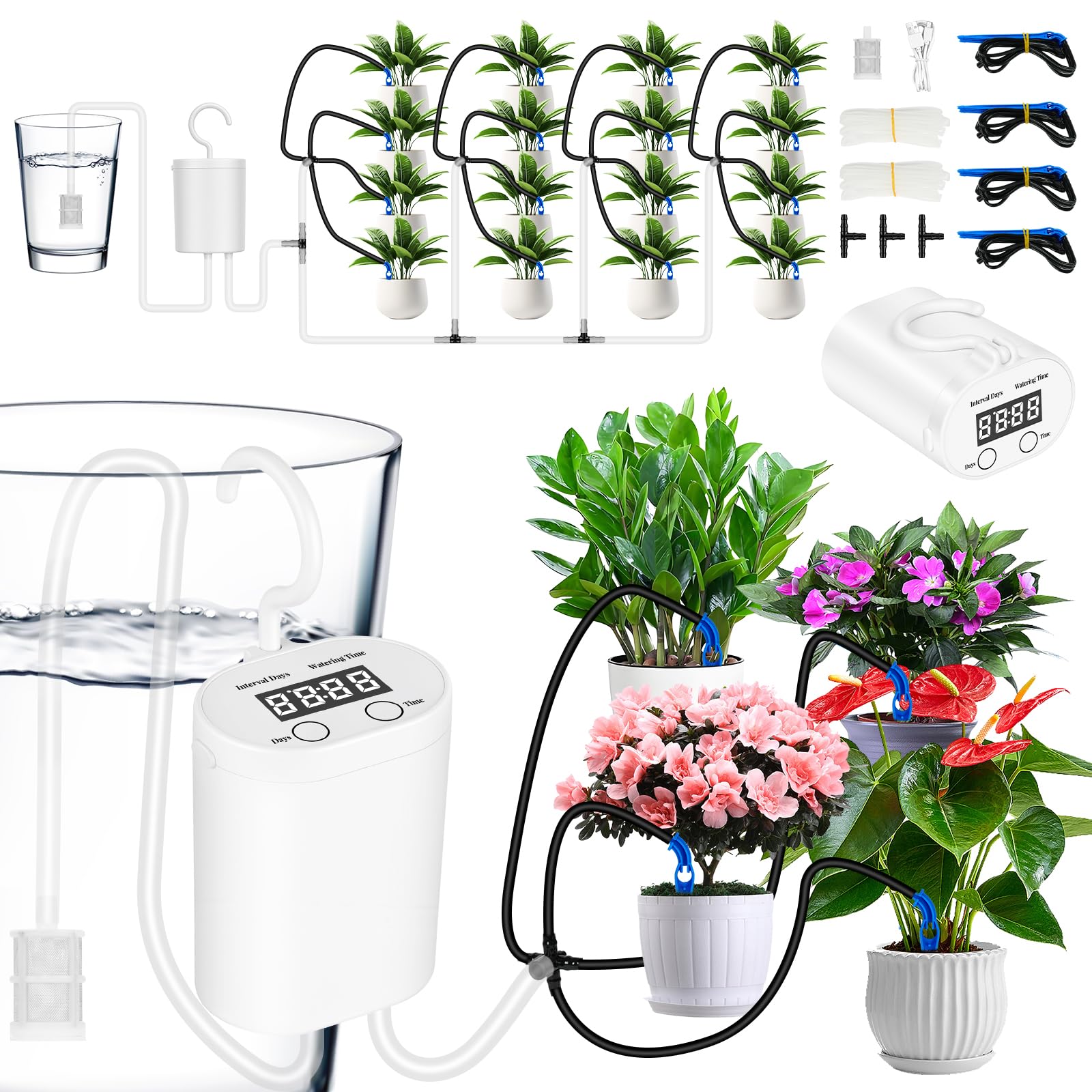 Flintronic Système d'arrosage automatique d'intérieur pour 16 plante en pot | Système D'arrosage Micro-Drip pour un Arrosage Individuel et Flexible, Alarme Eau/Batterie, Facile à Installer