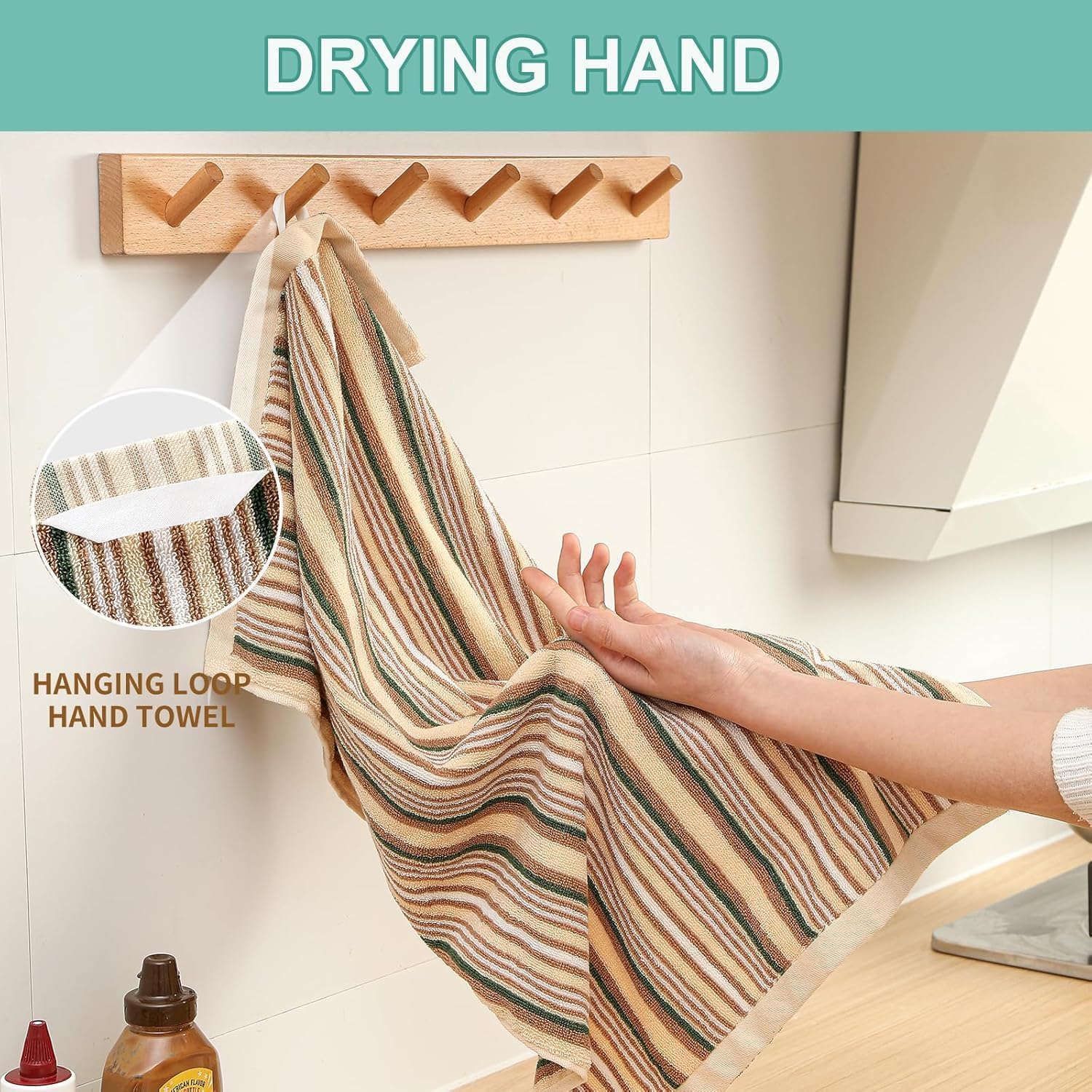 Kitchen Dish Towels for Drying Dishes, Large Cotton Kitchen Towels, Stripped Terry Dish Cloths, Thick Highly Absorbent Towel Sets with Hanging Loop, 16" X 26", 6 Packs,Beige and Solid Color