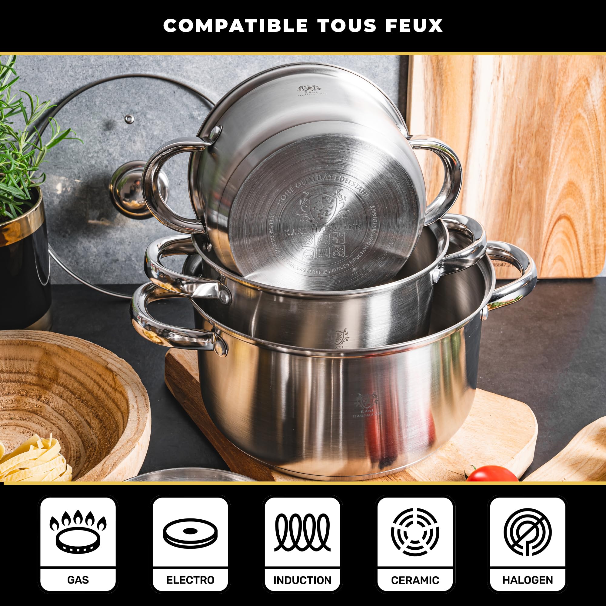 KARL HAUSMANN Lot de 4 Casseroles Induction Inox - Avec Couvercle Verre - Sans Revêtement - Compatibles Cuisinière, Gaz, Électrique - Graduation Intégrée - Set Casserole Tout Feux Cuisine