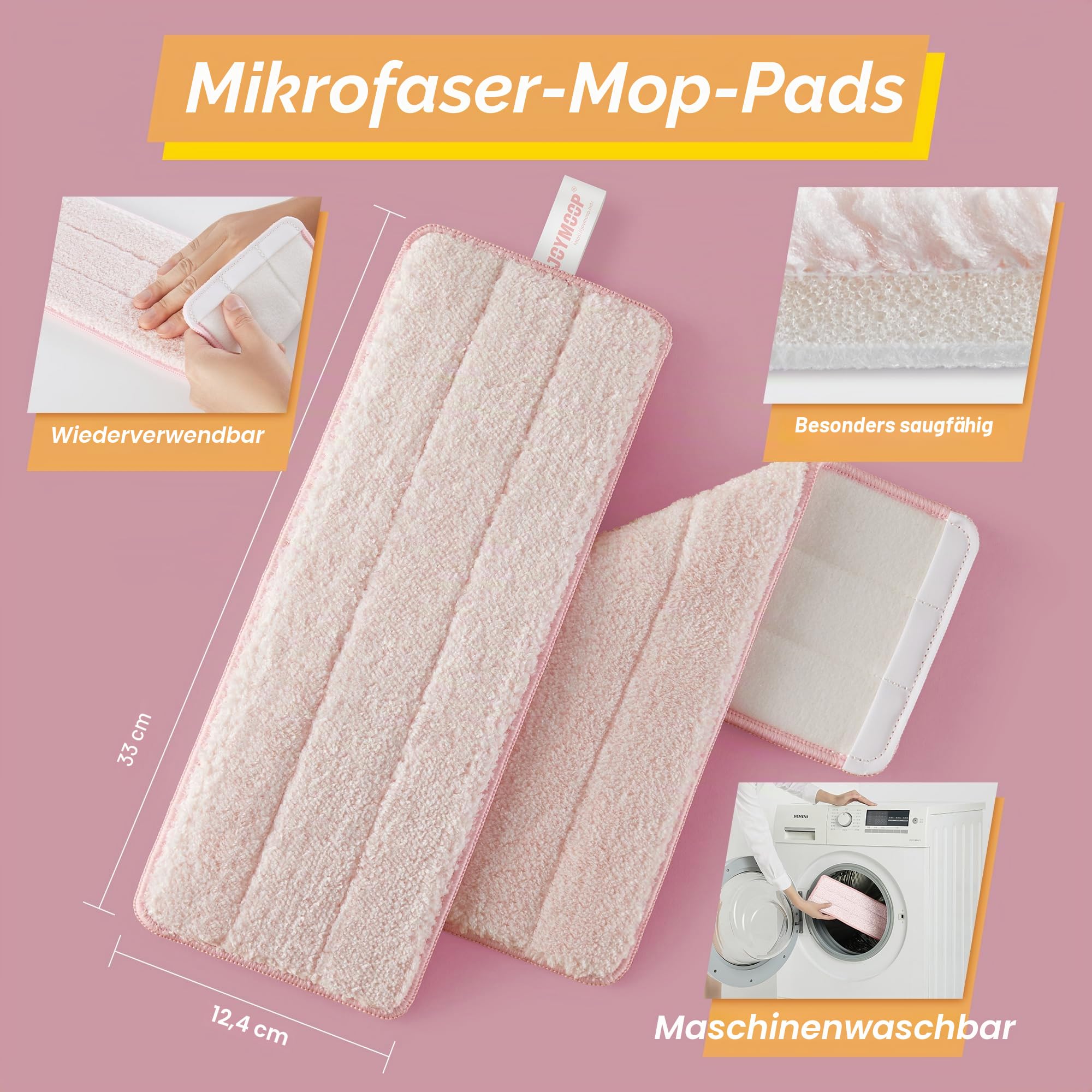 JOYMOOP Wischmopp und Eimer mit Auswringer-Set, freihändiger Flacher Bodenwischer und Eimer, 152,4 cm Wischmopp mit 3 wiederverwendbaren Mikrofaser-Pads, Nass- und Trockengebrauch
