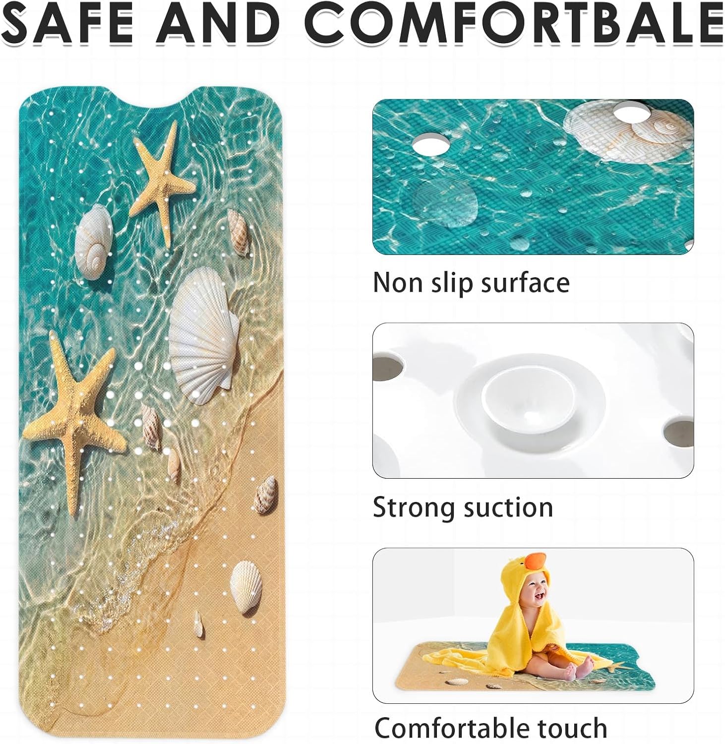 Bath Mat for Tub, Starfish Seashell, 40 X 16 Inch, for Bathtub