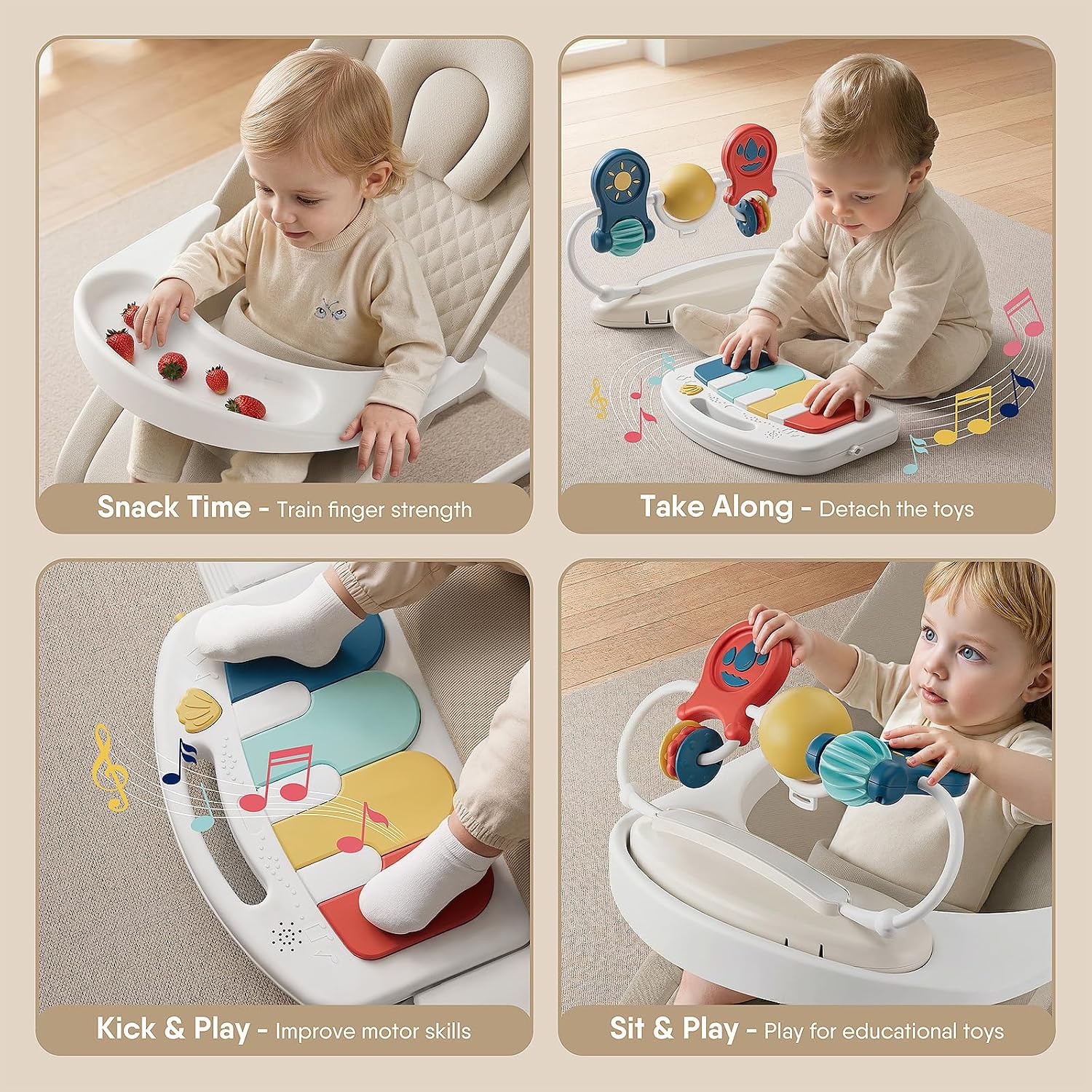 Monamii Baby Bouncer, Baby Bouncer Seat with Detachable Pianos & Feeding Tray, 3-Level Adjustable Positions Bouncing Seat, Infant Bouncer Seat and Toddler Chair (Beige)