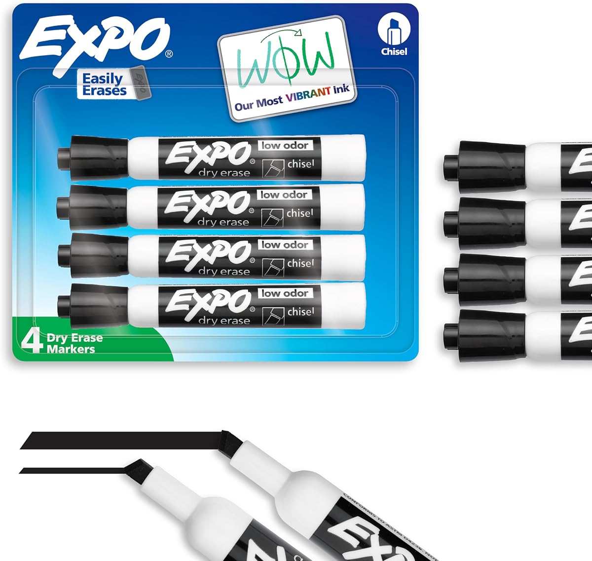 Marcadores de borrado en seco, tinta de bajo olor, negro, punta de cincel, 4 unidades: pizarra blanca, calendario, organización, suministros esenciales para oficina, escuela, aula, profesores