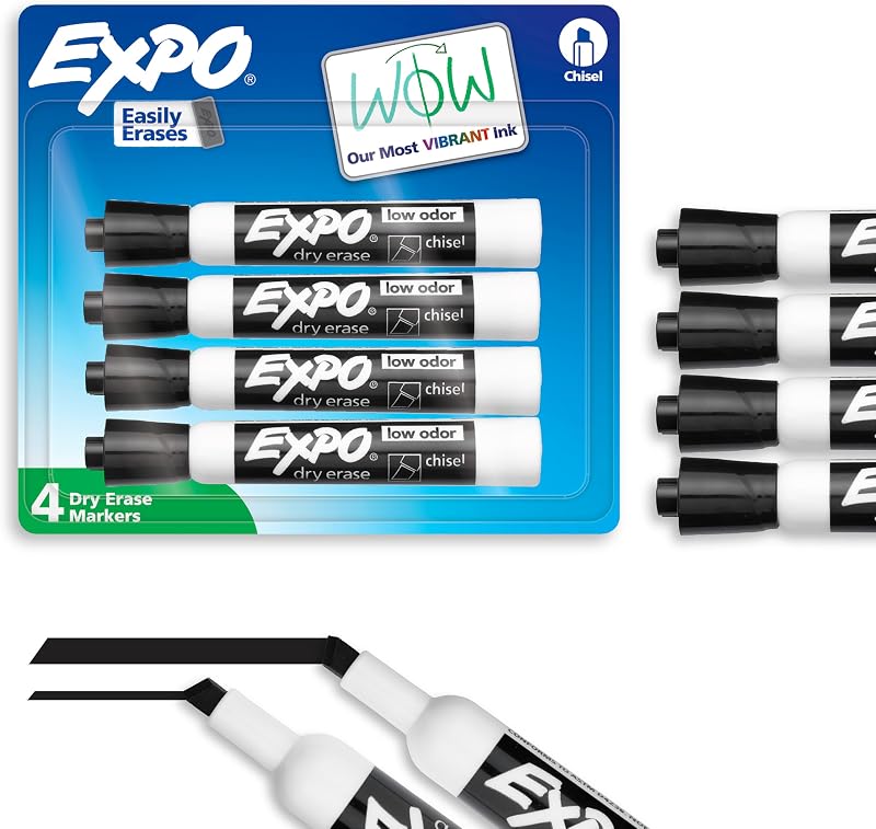 Marcadores de borrado en seco, tinta de bajo olor, negro, punta de cincel, 4 unidades: pizarra blanca, calendario, organización, suministros esenciales para oficina, escuela, aula, profesores