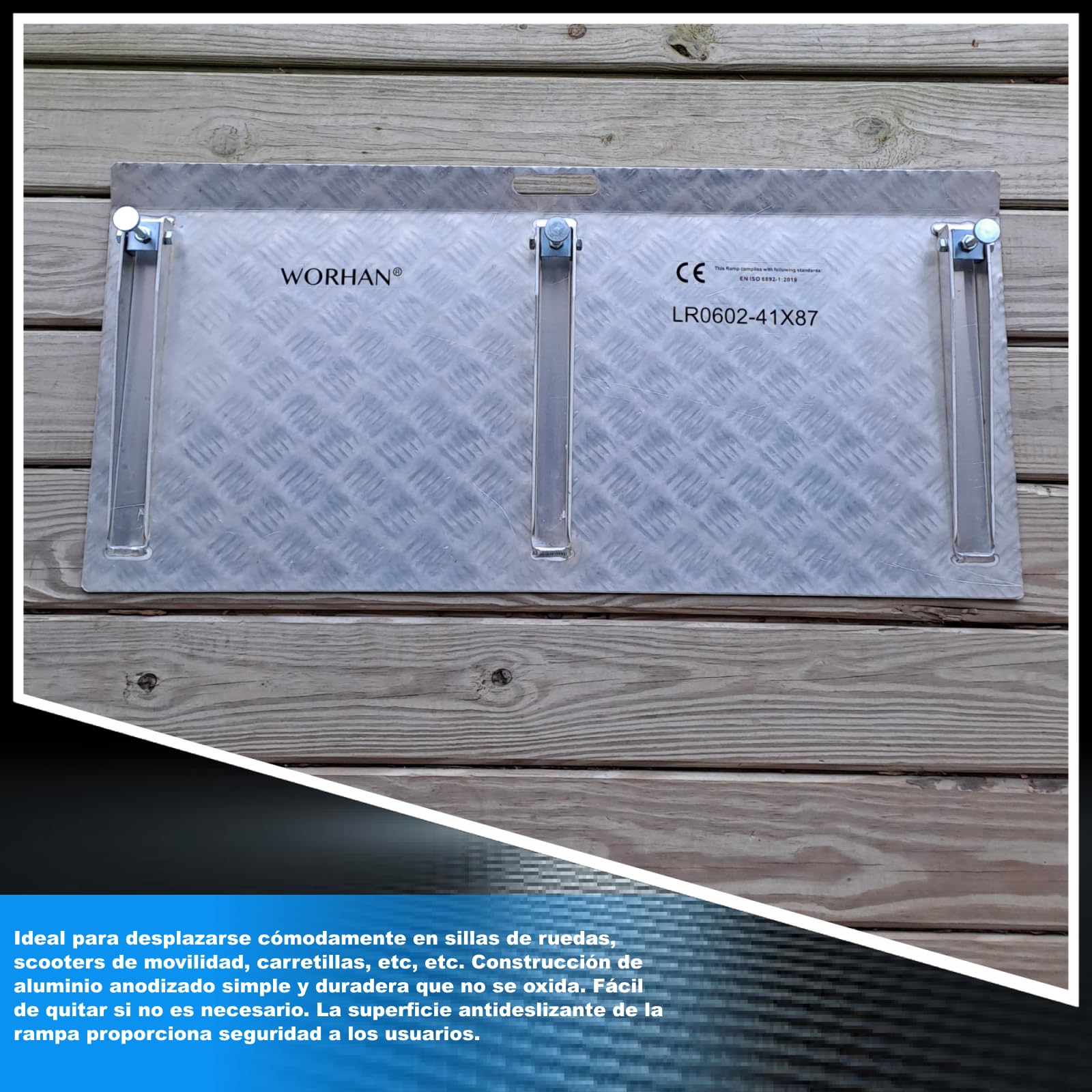 Rampa Umbral Rígida para Sillas de Ruedas Plataforma de Carga Altura Variable Regulable Superficie Antideslizante Aluminio Anodizado 1TR90