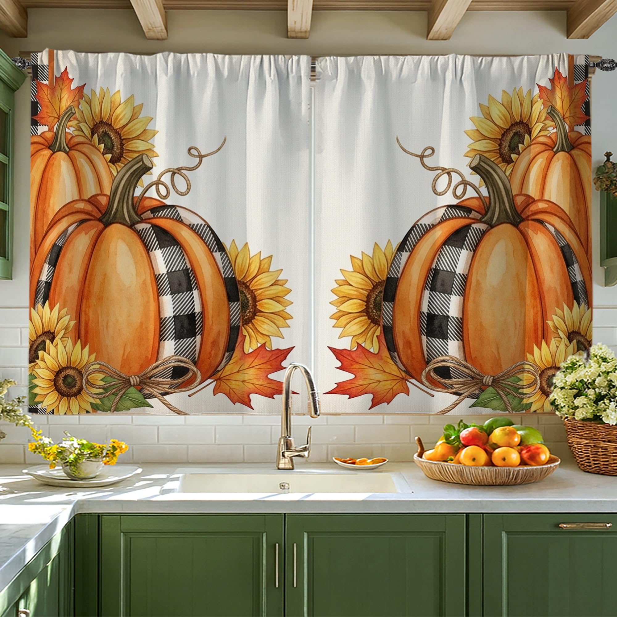 Rideaux de cuisine motif citrouilles pour petite fenêtre étroite ambiance automnale