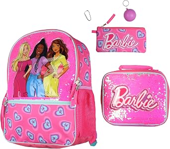 AI ACCESSORY INNOVATIONS Barbie Backpack Barbie and Friends Magic Sequins 5 PC Set with Matching Lunch Box School Bookbag 16"