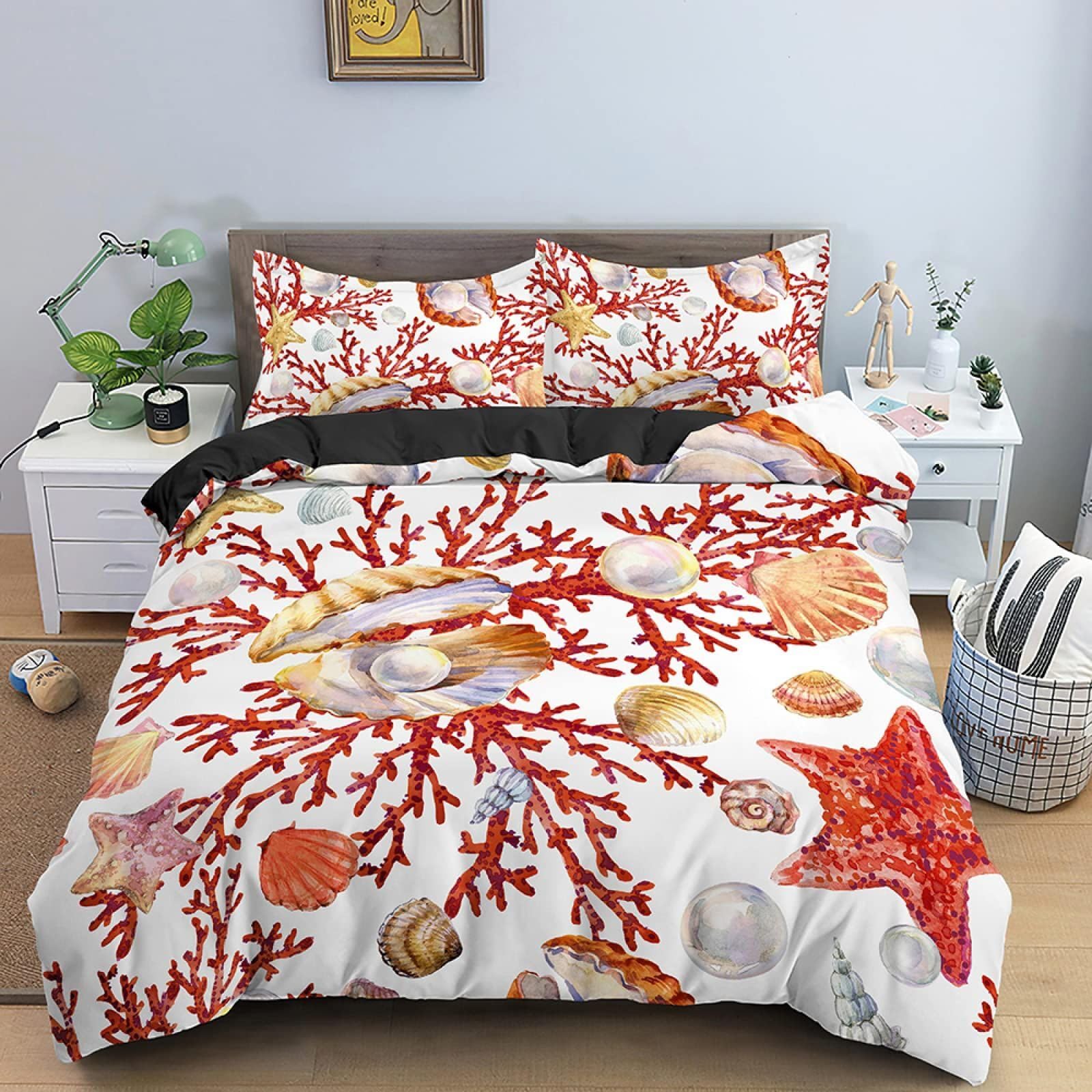 NUEYSP Double Duvet Set Starfish Double Bed Duvet Cover Set for Kids Aldult with Zipper Closure Hypoallergenic Microfiber Quilt Cover 78.7"x 78.7" + 2 Pillowcases 19.7"x 29.5"