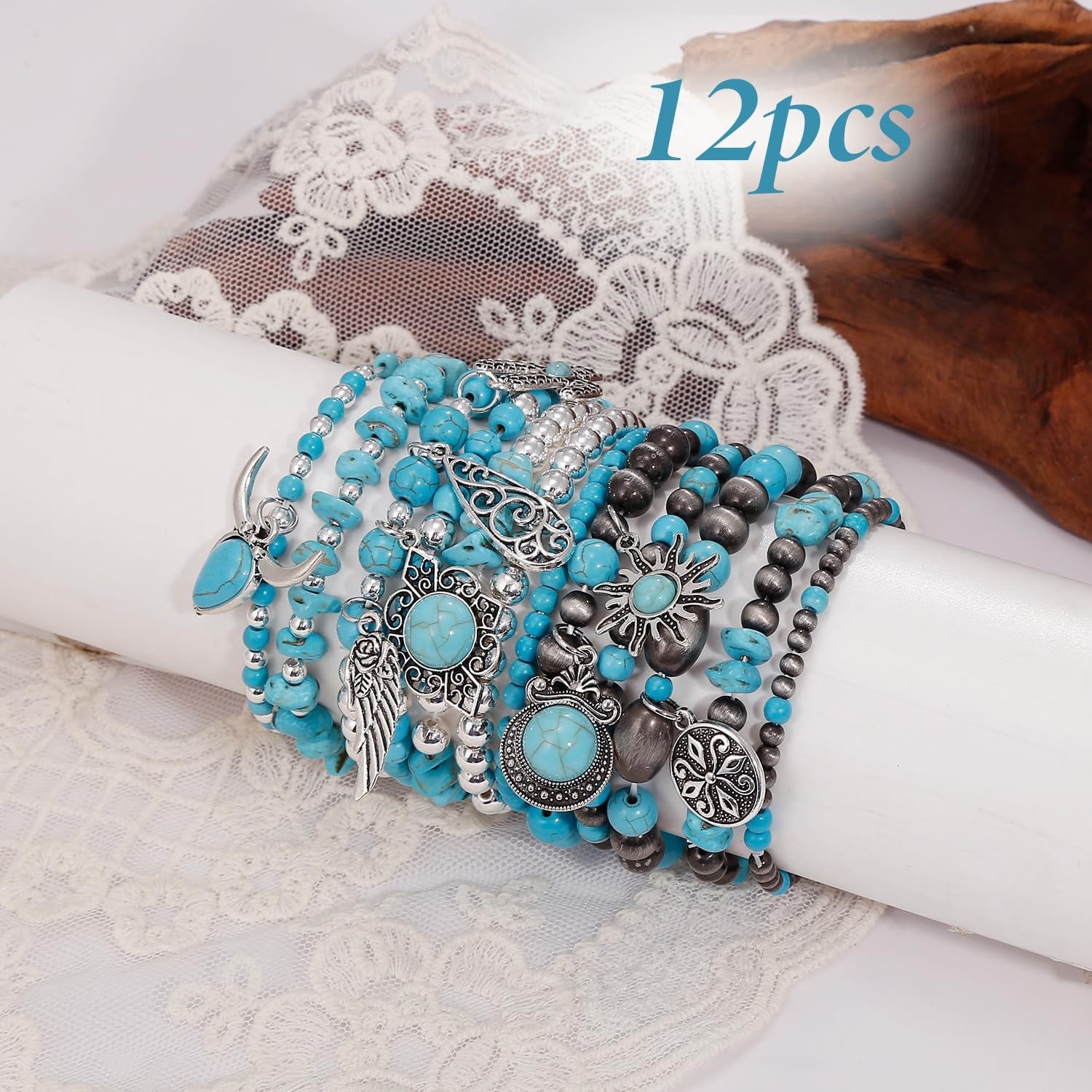 BROCC 12PCS Turquoise Beaded Stretch Bracelets for Women Western Cowgirl Bracelets Handmade Stackable Vintage Rodeo Western Jewelry Set