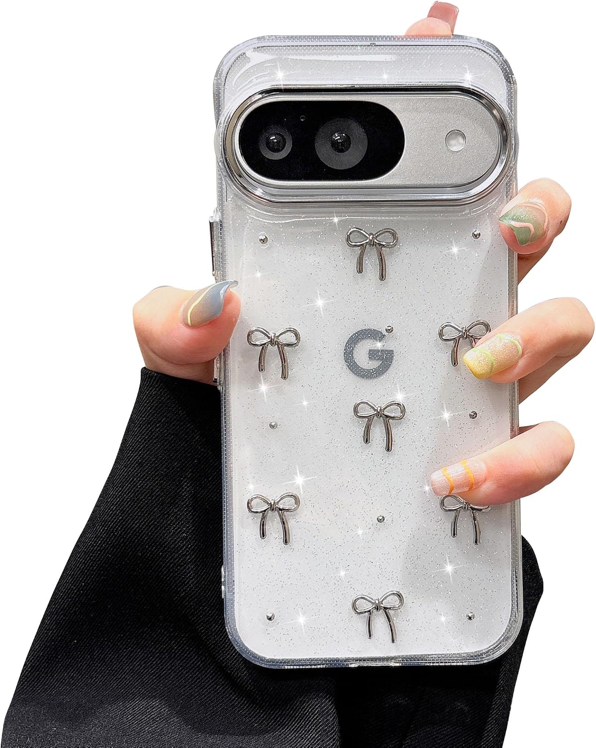 EYZUTAK Case for Google Pixel 9/9 Pro/10/10 Pro,Bling Glitter 3D Bow Silver