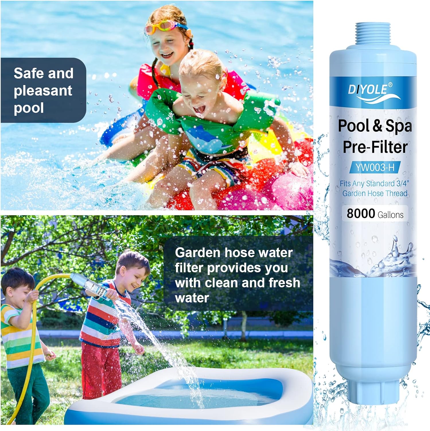 Garden Hose Filter for Filling Hot Tub/Pool/Spa, Greatly Reduces Sediment, Chlorine, Heavy Metals and Odors, Standard 3/4" Garden Hose Thread, Up to 8,000 Gallons(2 Pack)