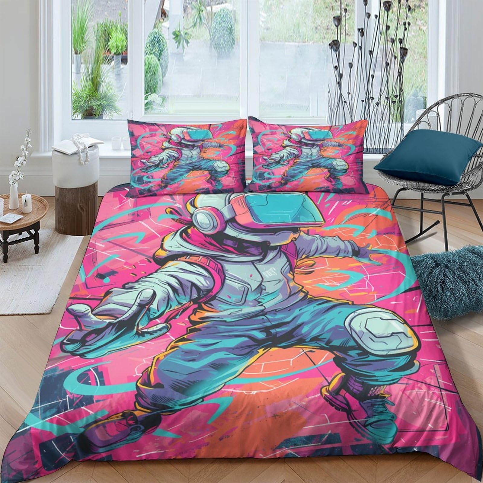 Ctjqhvkz Style-9 3D Printed Graffiti Astronaut Fitted Sheet Microfiber Bedroom Decor Neon Comic Bed Cover For Home Dorm Mattress Protection Single（135X200cm）