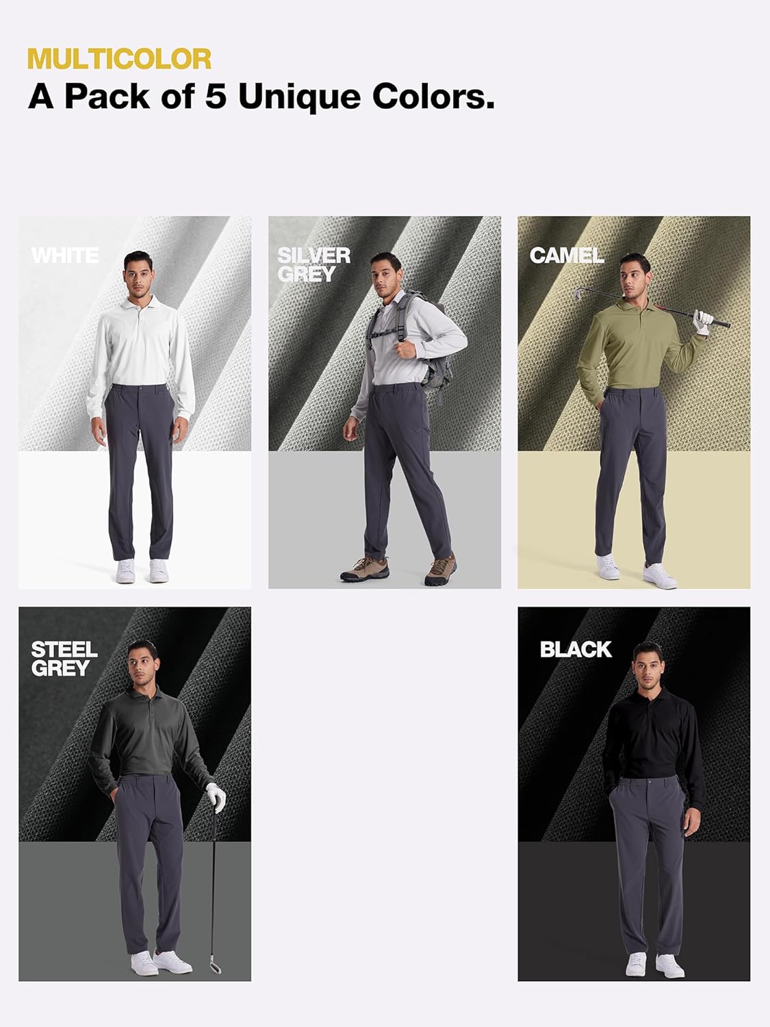 5 Pack Men's Polo Shirts Long Sleeve Golf Shirts UPF 50+ Sun Protection Quick Dry Lightweight for Office Casual Travel Hiking