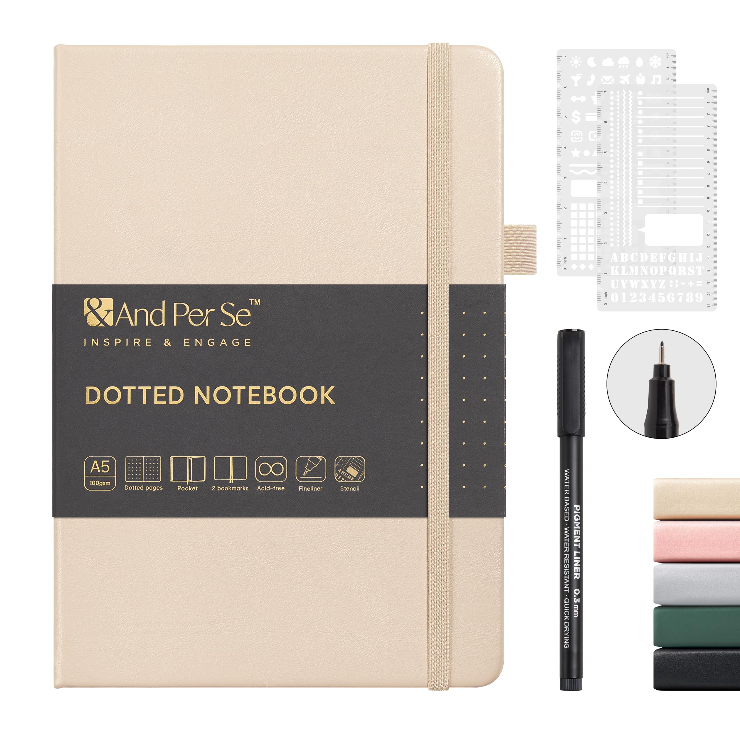 &And Per Se A5 Hardcover Dotted Journal Notebook, 176 Numbered Pages 100gsm Thick Paper Dotted Journal Kit with Stencils & Fineliner Pen, Premium Gift