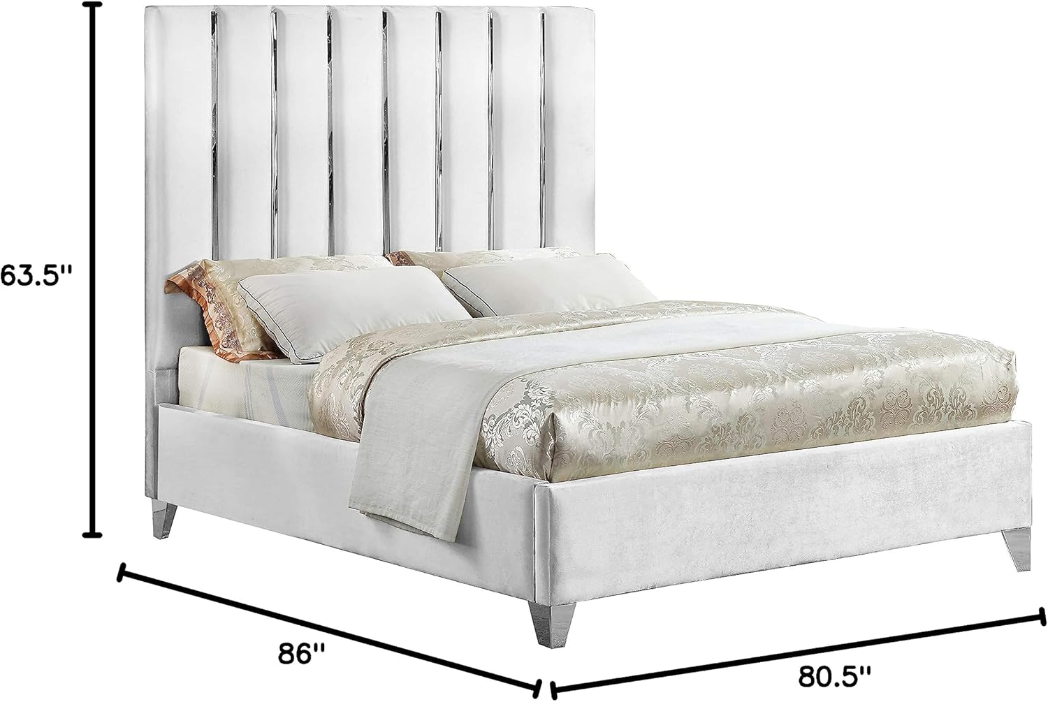 Meridian Furniture Enzo Collection Modern | Contemporary Velvet Upholstered Bed with Deep Channel Tufting and Chrome Accent Design, White, King