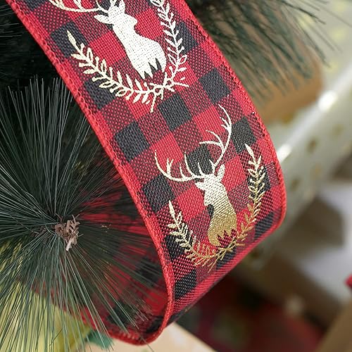 Miniatura 7 de HUIHUANG Cinta de Navidad a cuadros de renos de 2.5 pulgadas, cinta de árbol de Navidad con alambre para árbol de Navidad, coronas, lazos,