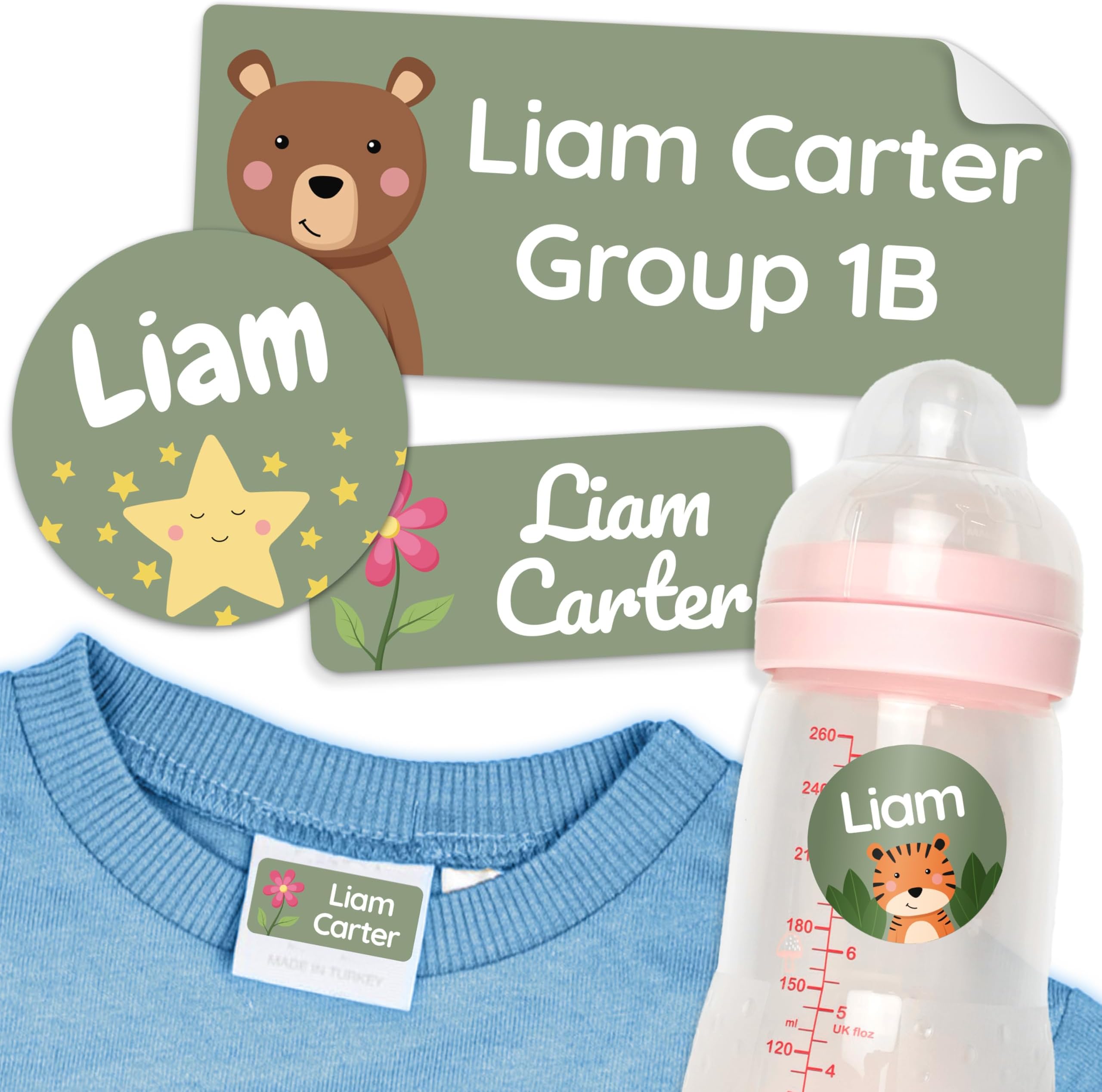 Personalized Daycare Name Labels for Kids Green [50pcs] - Waterproof Name Stickers for School, Baby Bottles & Clothing - Custom Name Stickers - Washable Stick On Labels (Various Sizes)