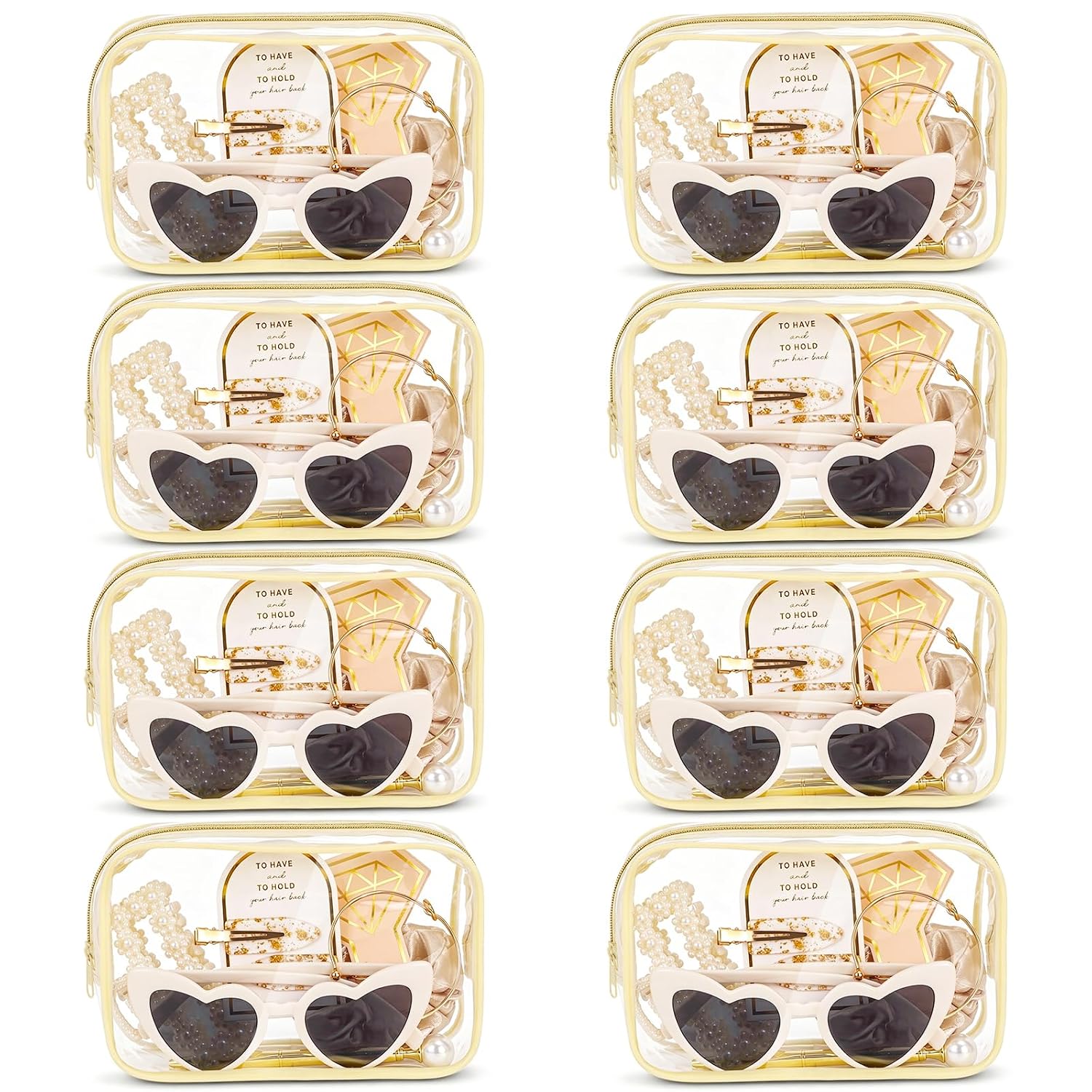 WARMALL Bridesmaid Proposal Bag Set of 8 Will You Be My Bridesmaid Gift, Waterproof PVC Bag with Silk Scrunchie Bracelet Pen Eyeglass Hair Clip Claw Clip for Bridal Party Wedding（Champagne 56pcs)