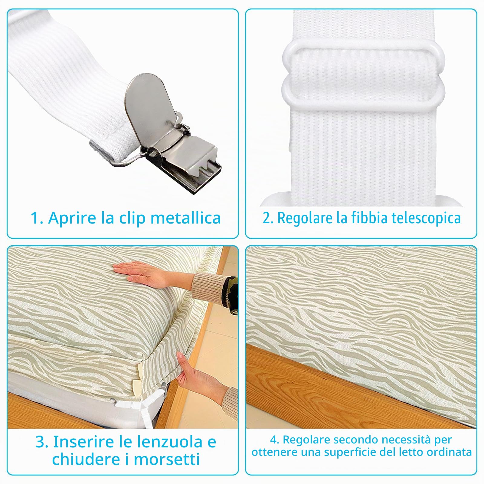 8 Pezzi Ferma Lenzuola x Angoli, Bretelle Regolabili con Clip in Metallo, Tendi Lenzuoli Triangolari per Fissare Lenzuolo al Materasso, Divano, ASSE da Stiro, Senza Pieghe