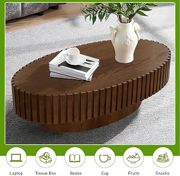 Modern Drum Coffee Table,Oval Walnut Color