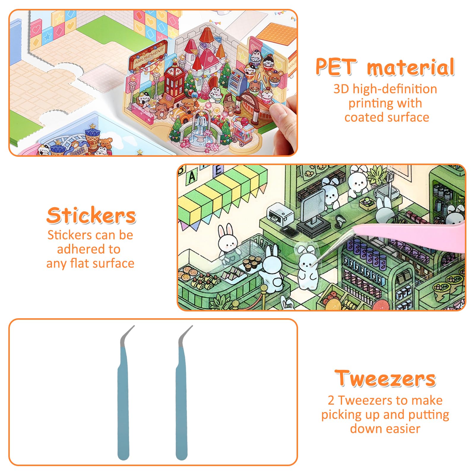 Goorder Adesivi per 20 Set Case 3D, Terapia con Adesivo con Pinzette, Stickers Bambini Attacca Stacca, Libro Raccolta, Sollievo Dallo Stress per Adulti e Bambini