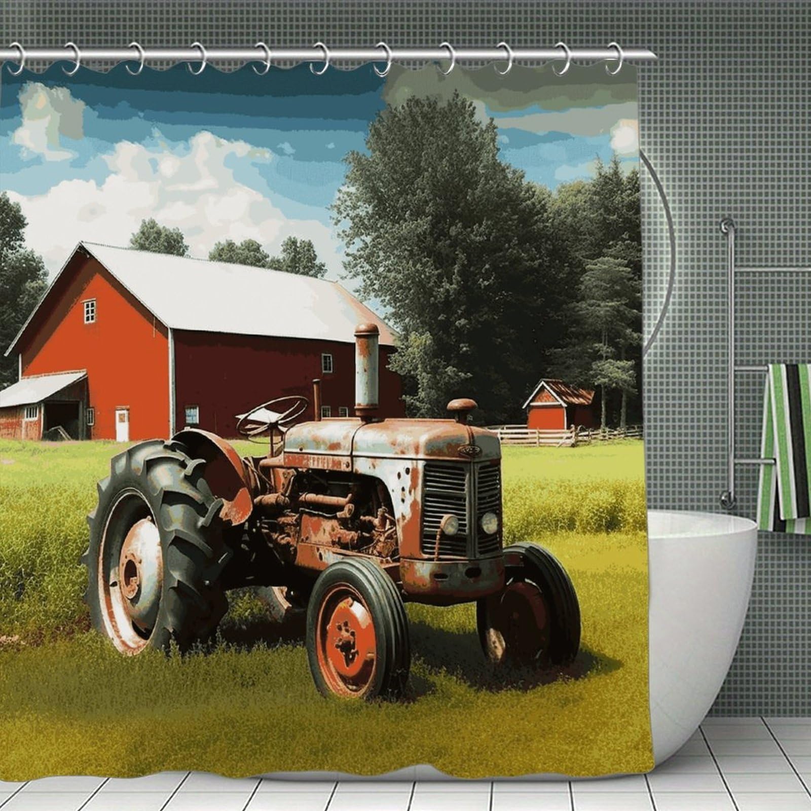 FekiLoot Company Farm Tractor Shower Curtain with Hooks Modern Farmhouse Bathroom Curtain Waterproof Cloth Bath Curtains Cute Washable Blackout Privacy Curtains for Bathroom Bathtub 70.8"x70.8"