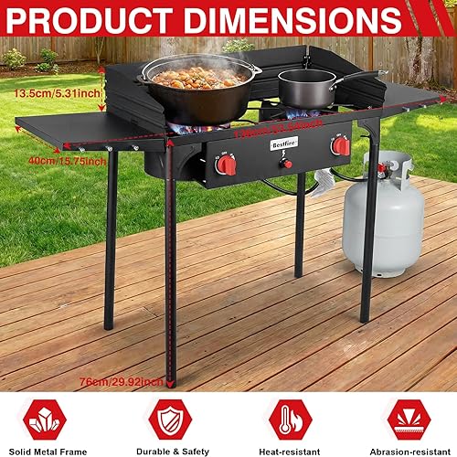 Miniatura 6 de Bestfire Estufa de camping de 2 quemadores con panel de viento y estantes laterales, bolsa, botón de encendido automático, regulador, estufa de