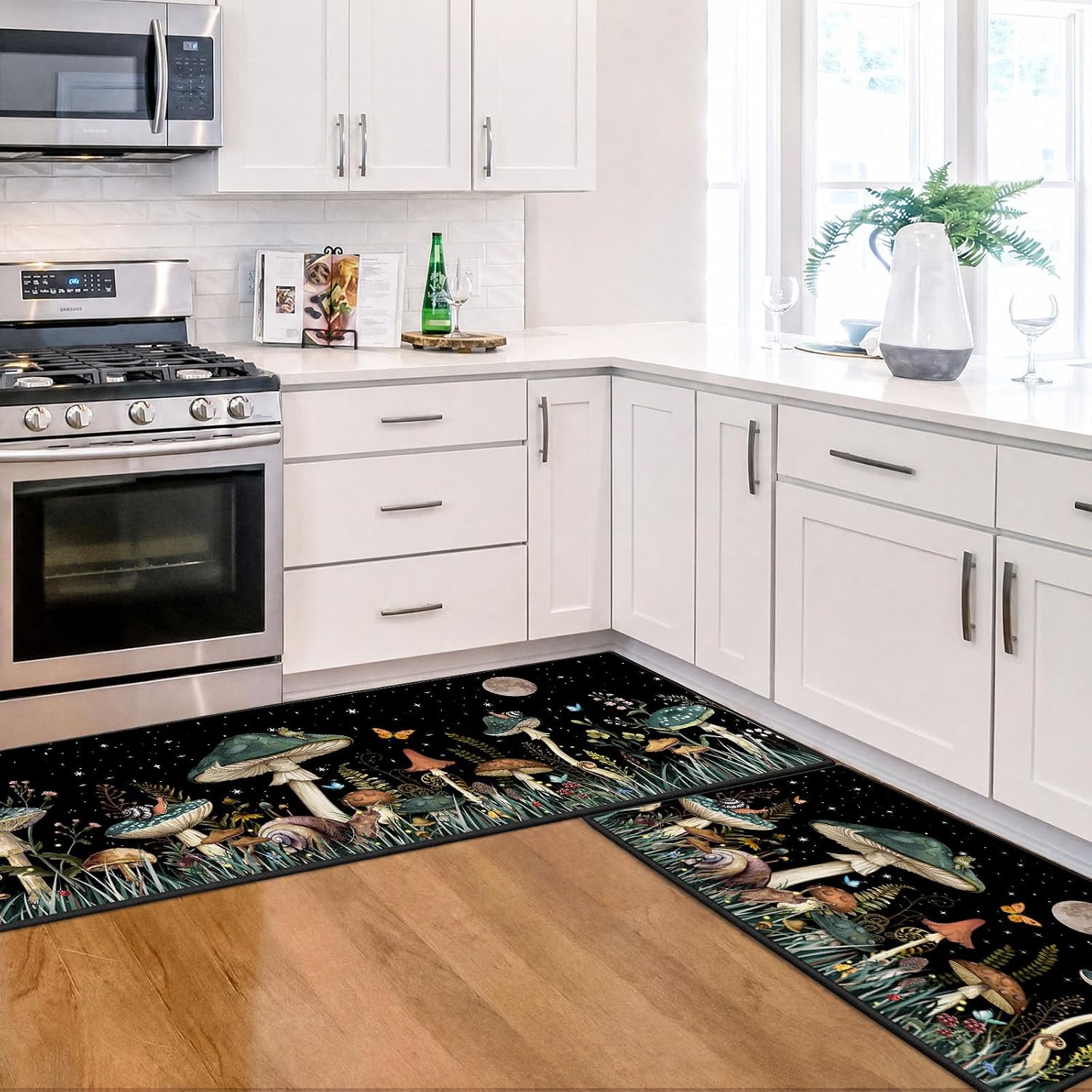 Dark Green Mushroom Rug Kitchen Mats for Floor Kitchen Rugs Non Slip Washable Sets of 2 Black Butterfly Insect Plant Low Pile Stain Water Resistant Floor Standing Mat for Office Laundry Sink