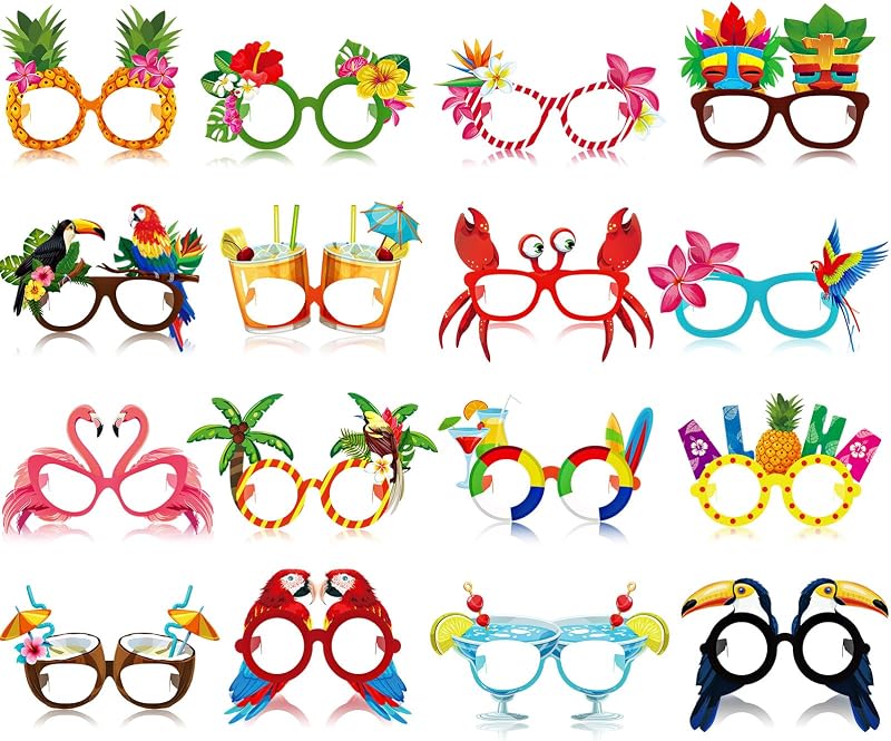 Vinsot 32 piezas de lentes de sol para fiesta en la pileta y la playa, lentes hawaianas, regalo de fiesta Luau | Accesorios tropicales para fotomatón, marco de papel, diseños mixtos, decoraciones de playa para niños