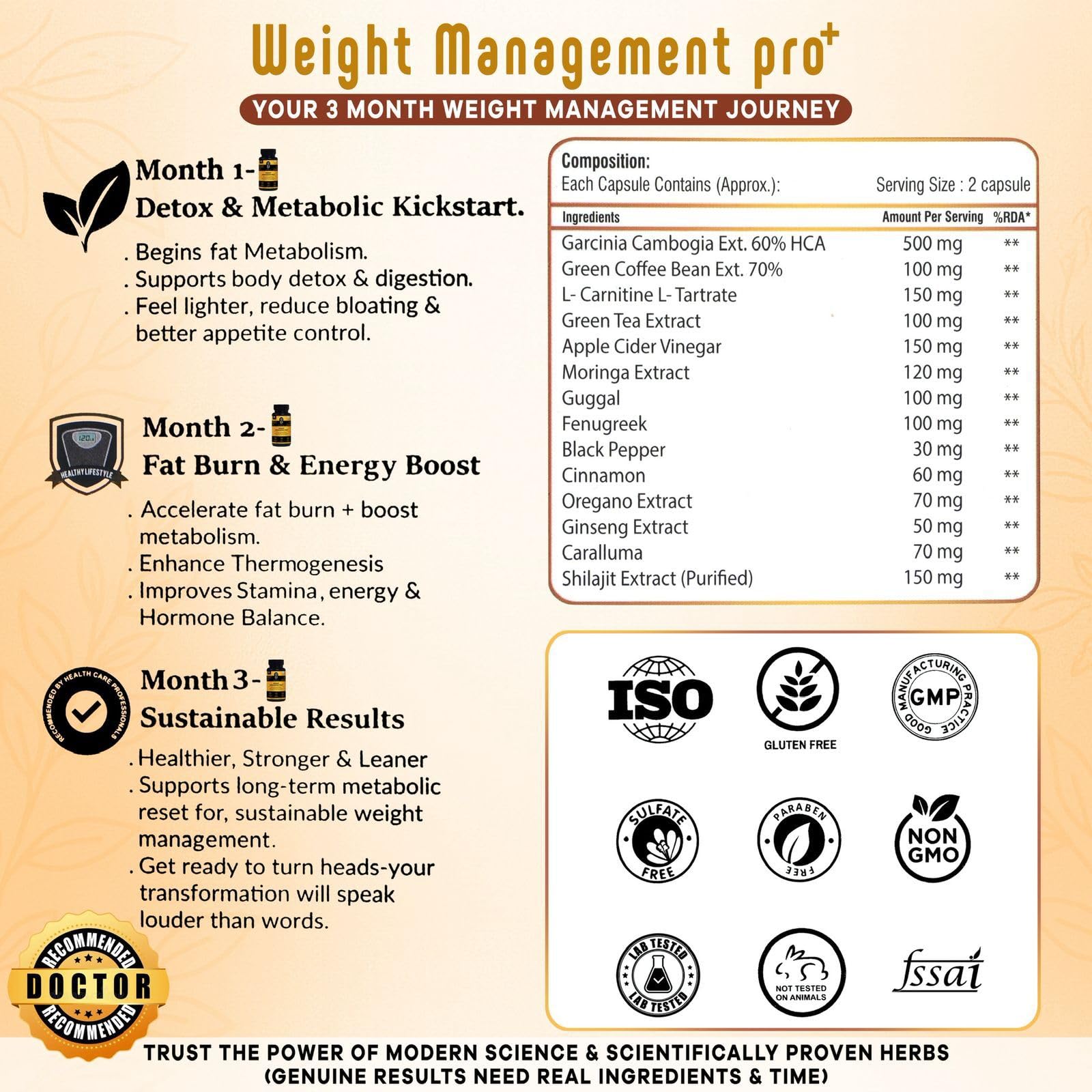 Weight Management Pro+ Fat Burner for Men & Women | Natural Weight Loss Supplement with Garcinia Cambogia, Green Coffee Bean Extract, L-Carnitine, Apple Cider Vinegar, Moringa Extract & Shilajit – 60 Capsules - Image 3 thumbnail