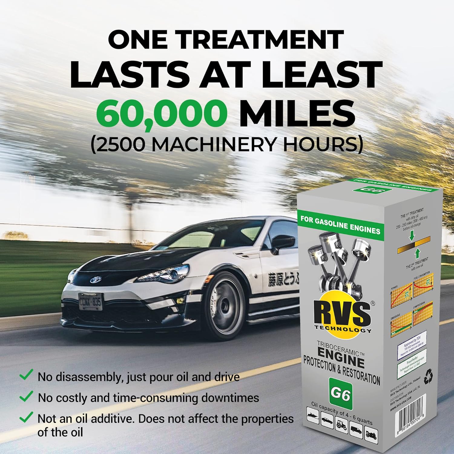 G6 Engine oil Treatment; For Gasoline Engines with a Motor oil capacity up to 6 quarts; Save fuel, Boost Power and Safely Restore and protect your Car, Truck, and all other engines