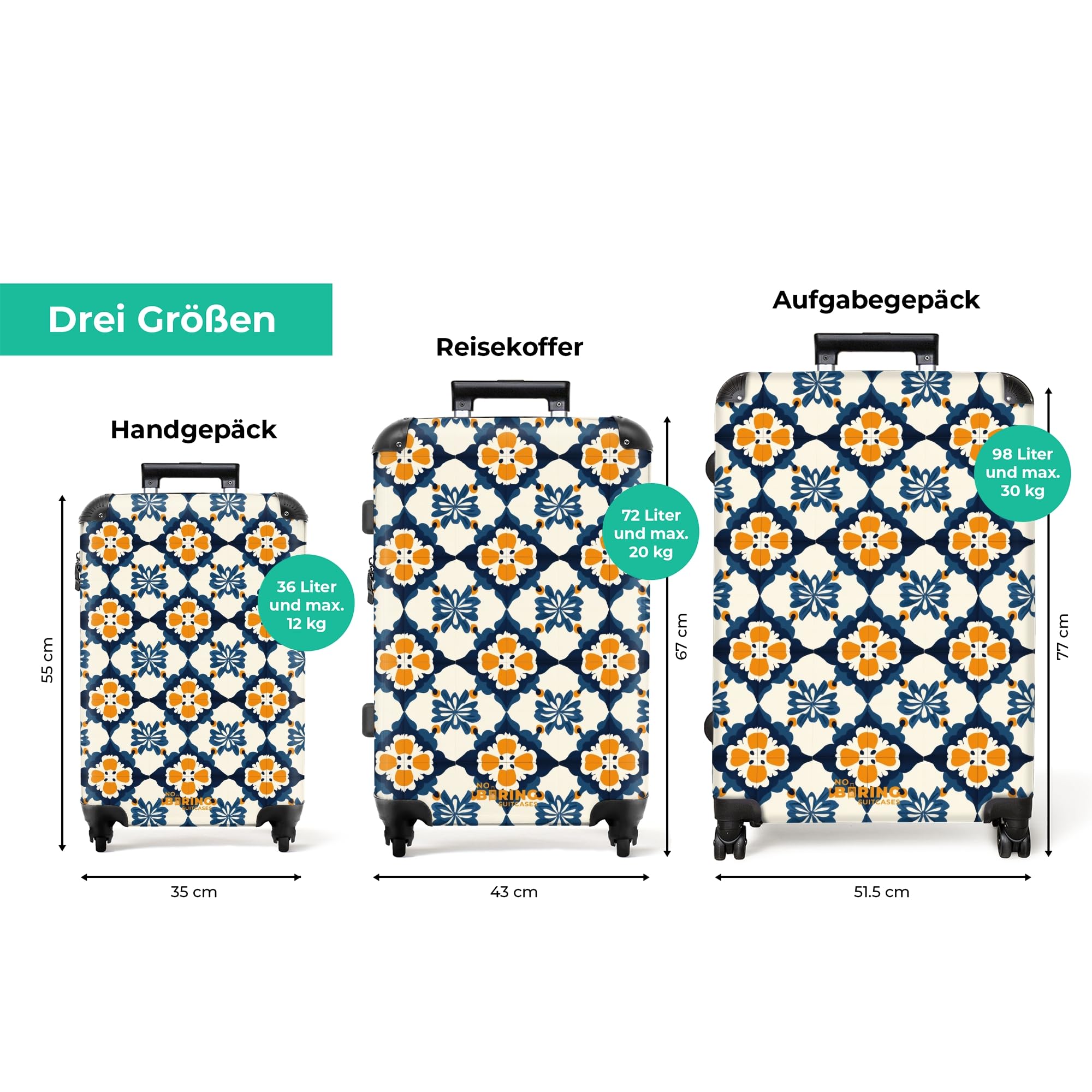 NoBoringSuitcases.com® Koffer Mittelgroß 67x43x25 cm Hartschalenkoffer L Trolley Rollkoffer 4 Rollen Leicht Hartschale Mittel Groß Klassisch - Geometrisch - Blau