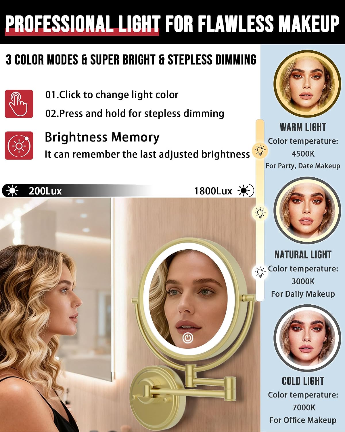10" Brass Wall Mounted Makeup Mirror with Lights and Magnification 5X image 4