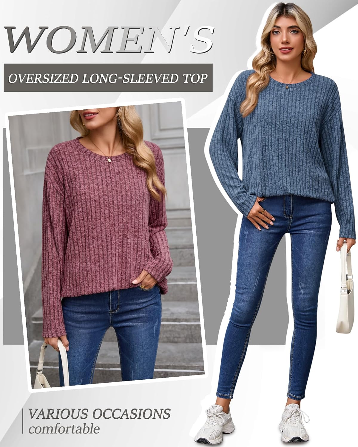 Huukeay 3 Pack Oversized Sweaters for Women Long Sleeve Tops Tunic Ribbed Fall Crew Neck Loose Fit Casual Sweatshirts - Image 4