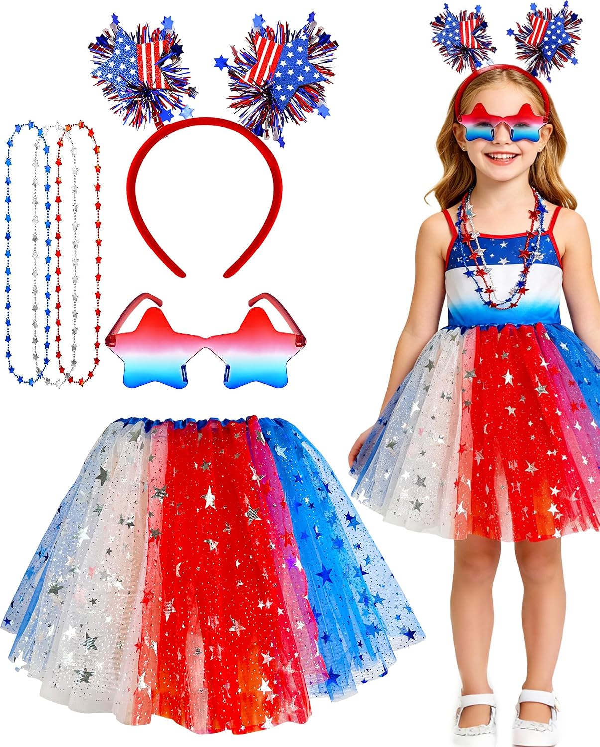 ChristmaxStore 6pcs 4th of July Tutu Set for Girl Red White and Blue Tutu Patriotic Stars Skirts for 4th of July Party Halloween Cosplay Party