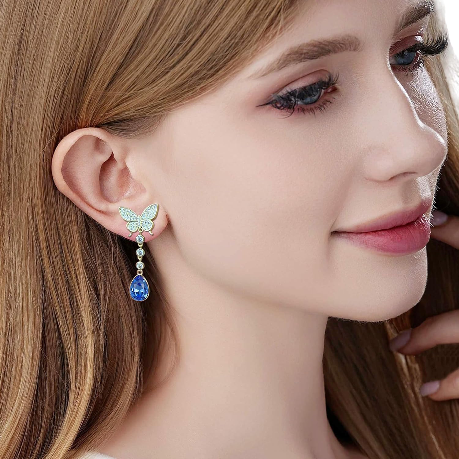 EVEVIC Austrian Crystal Teardrop Butterfly Dangle Stud Earrings for Women 14K Gold Plated Drop Earring Hypoallergenic Jewelry Gifts - Image 4