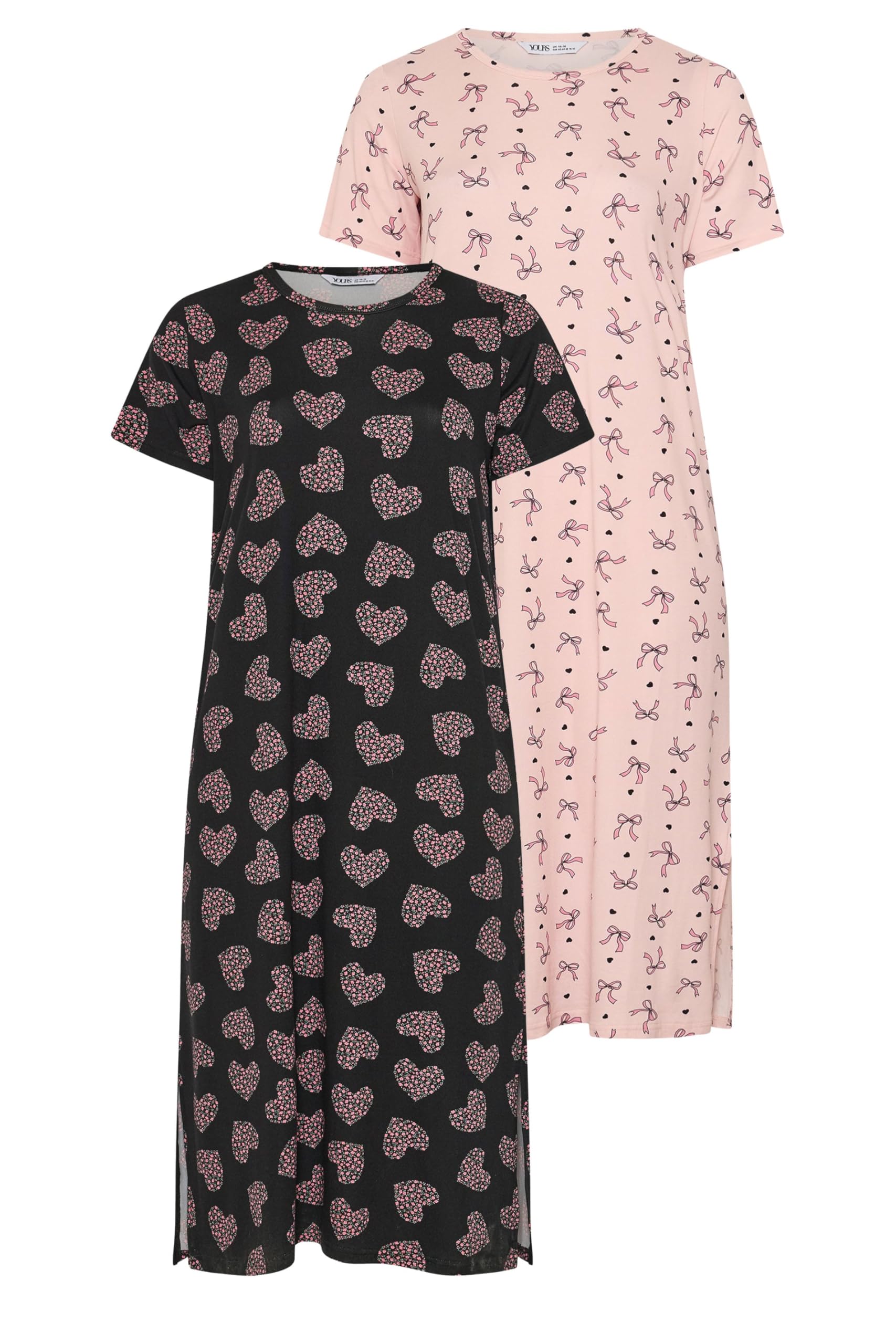 Yours Women's Multicolor 2 Pack Bow & Heart Print Midaxi Nightdresses | Size: 18/20
