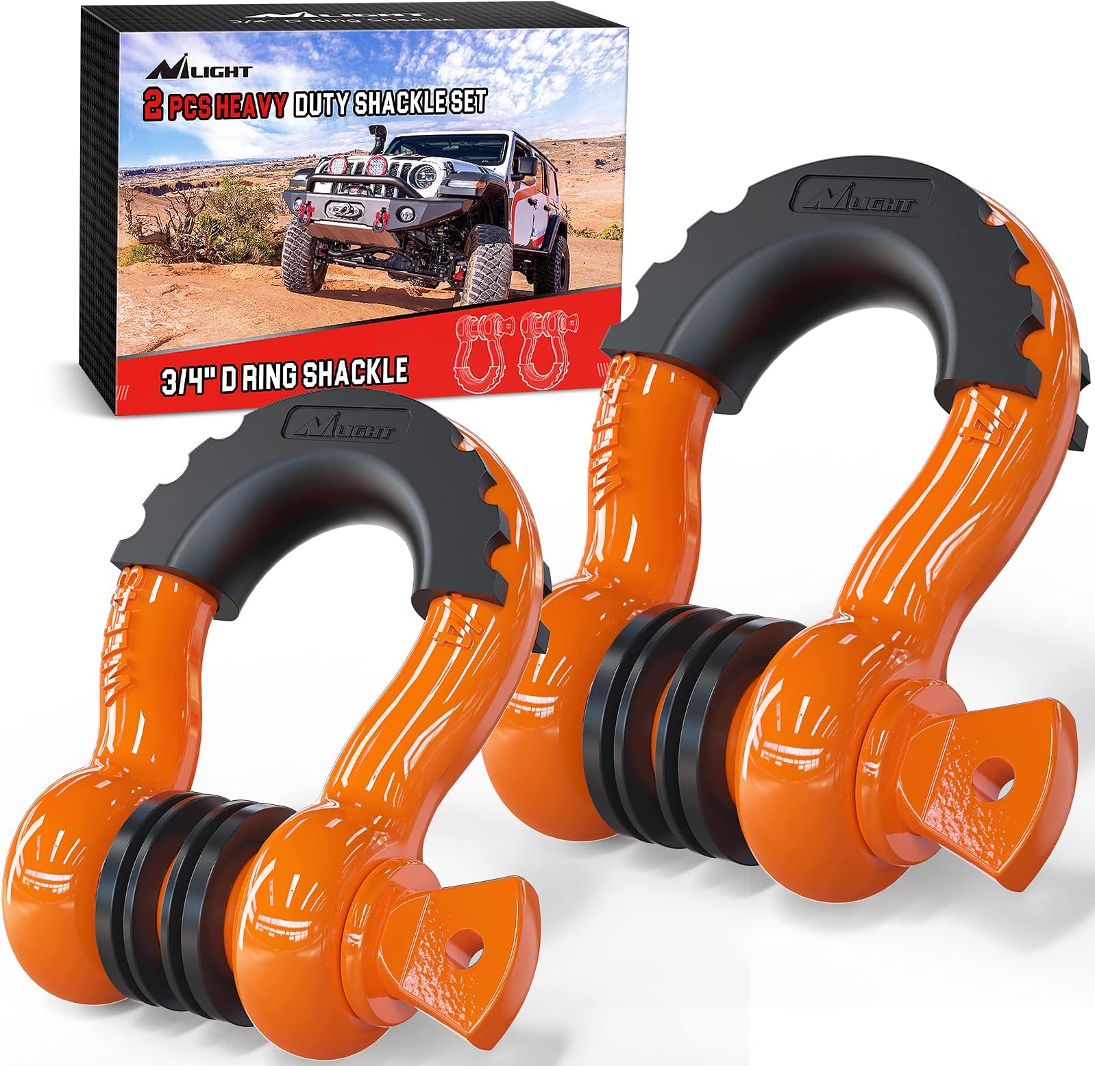 Nilight 2 Pack 3/4" D-Ring Shackle 4.75 Ton (9500 Lbs) Capacity with 7/8" Pin Heavy Duty Off Road Recovery with Isolators & Washer Kit for Jeep Truck Vehicle, Orange (90051B)
