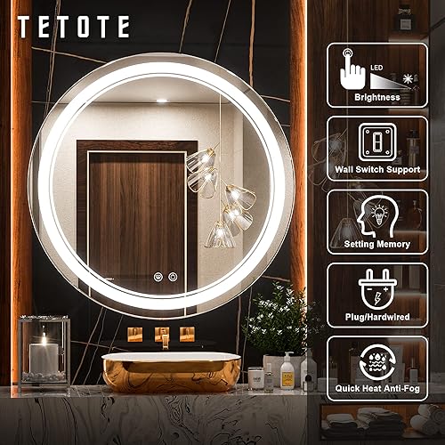 Miniatura 8 de TETOTE Espejo retroiluminado redondo de 36 pulgadas para baño, espejos redondos LED con luces, 3 colores regulables, espejo montado en la pared para