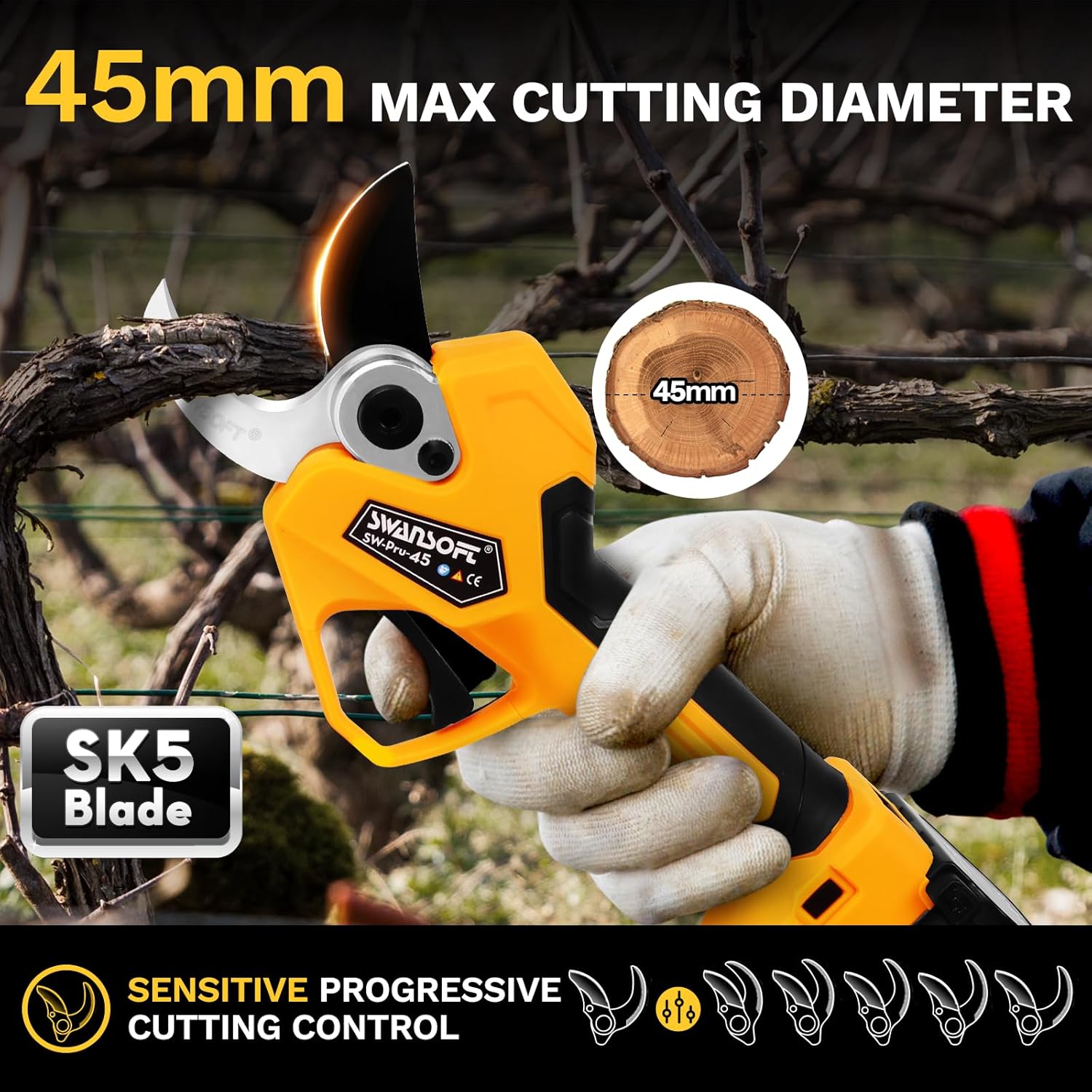 SWANSOFT Electric Pruning Shears, 45mm 1.77'' Cutting Diameter Cordless Electric Pruners Shears Battery Powered, 1150W Tree Branch Pruner with 2Pack 4Ah Rechargable Batteries(Yellow)