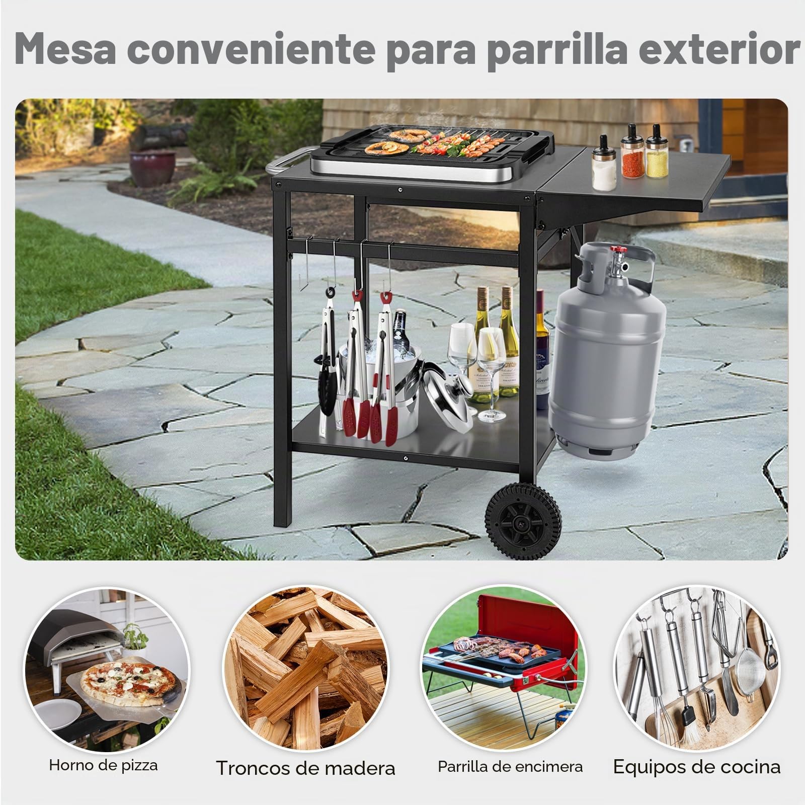 KOMFOTTEU Carro de Barbacoa con Encimera Plegable, Mesa de Preparación con 2 Ruedas y 4 Ganchos, Carrito Auxiliar de 2 Niveles con Asa Lateral, para Jardín, Patio, Terraza, 96,5 x 64 x 75,5 cm