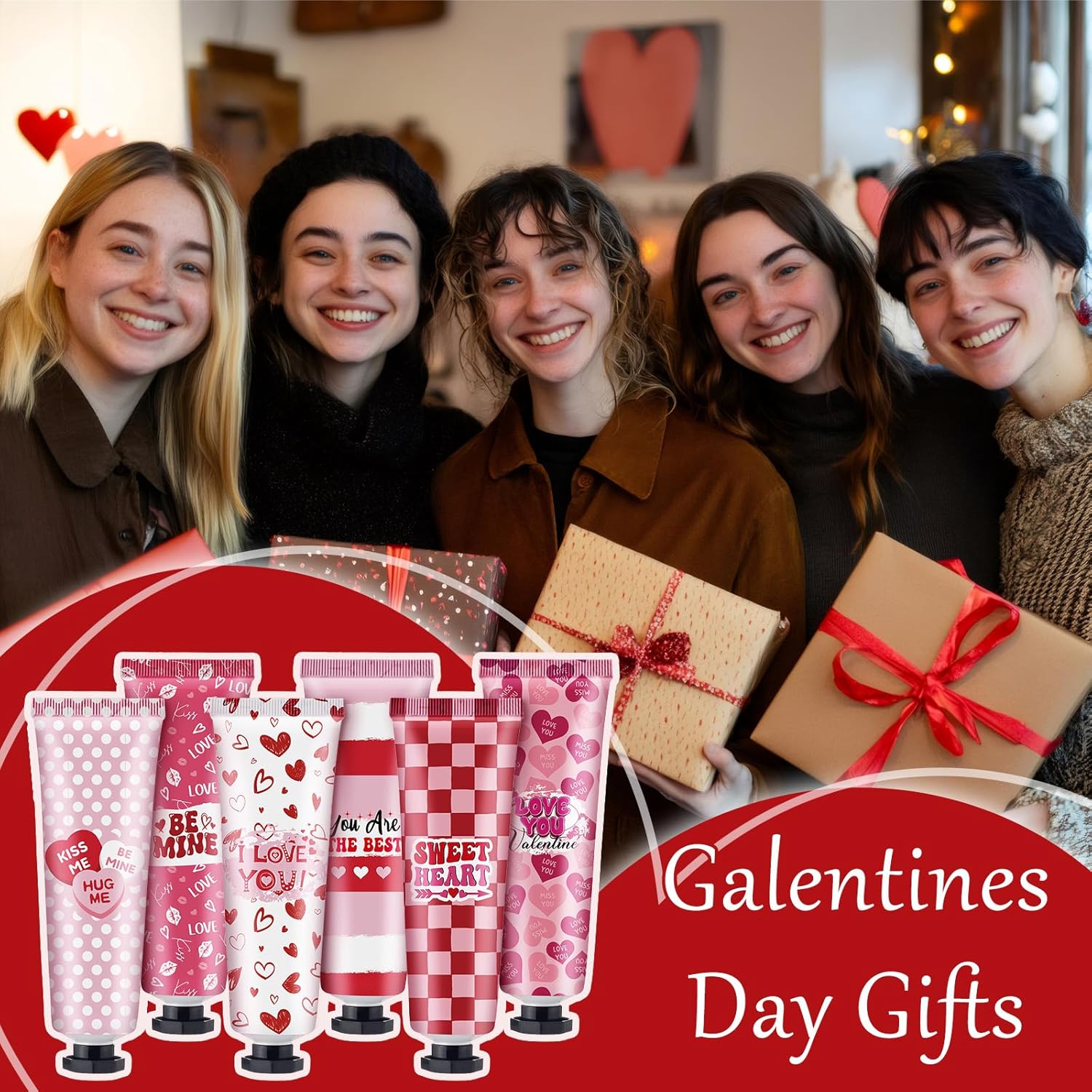 Loopeer 6 Sets Valentine's Day Hand Cream Lip Balm Gifts Bulk Galentine's Day Gift Valentine Party Favor Moisturizing Heart Hand Lotion Bulk Mini Dry Cracked Care Cream for Women Teacher Coworker