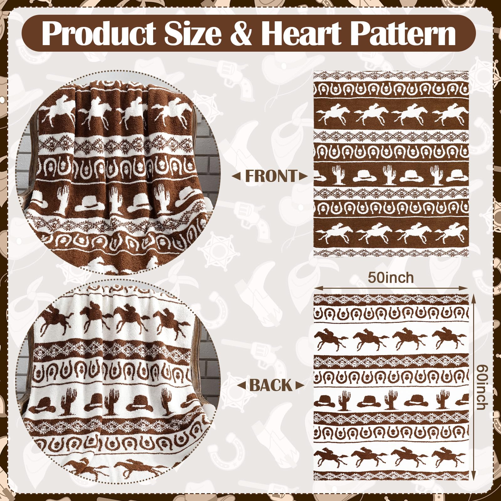 Buryeah Coperta reversibile in maglia rodeo occidentale 127 x 152 cm, stivali da cowboy con design di cactus, morbida e accogliente decorazione per caffè fattoria sud-occidentale regalo per divano