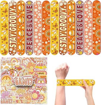 CZWXOXO 74Pcs Groovy Theme Party Favors Contain 24 Pcs Hippie Theme Slap Bracelets 50Pcs Boho Theme Stickers,Hippie Boho Party Favors Boho Themed Birthday Party Shower Classroom Rewards